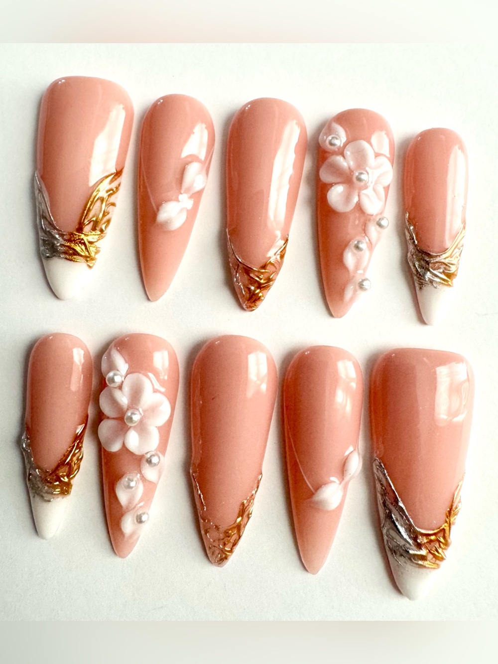 Nude Pink 3D Floral Stiletto Press-On Nails with Gold & Silver Accents